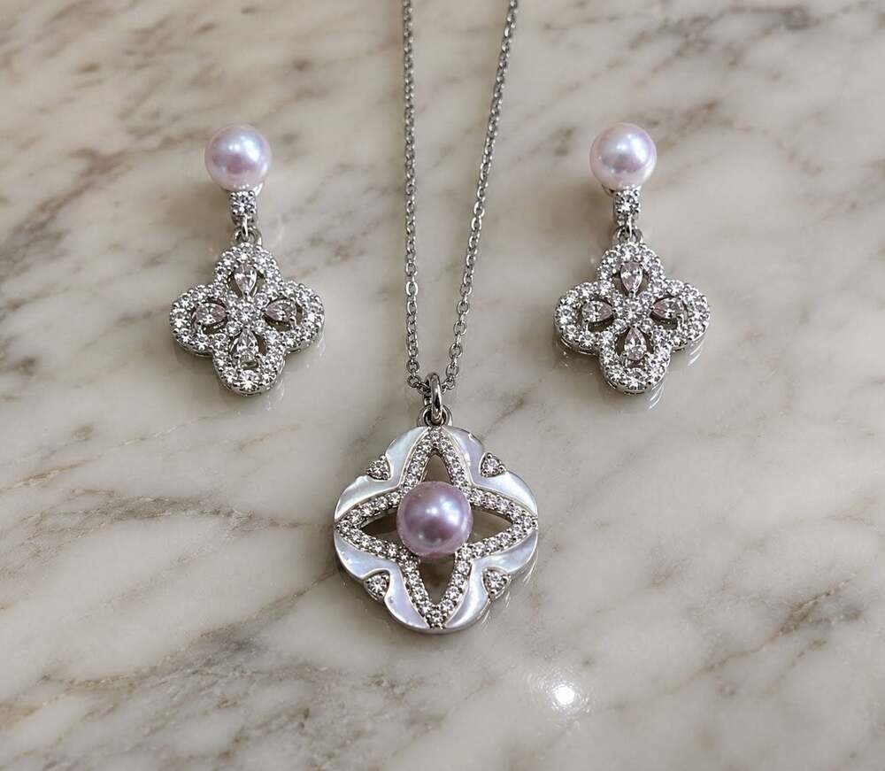 Floral Mother-of-Pearl and Freshwater Pearl Jewelry Set with Pave Rhinestones